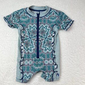 Cabana Life Infant Girl Swim Suit Sz 3/6M Aqua White Peach Zip Front Nylon